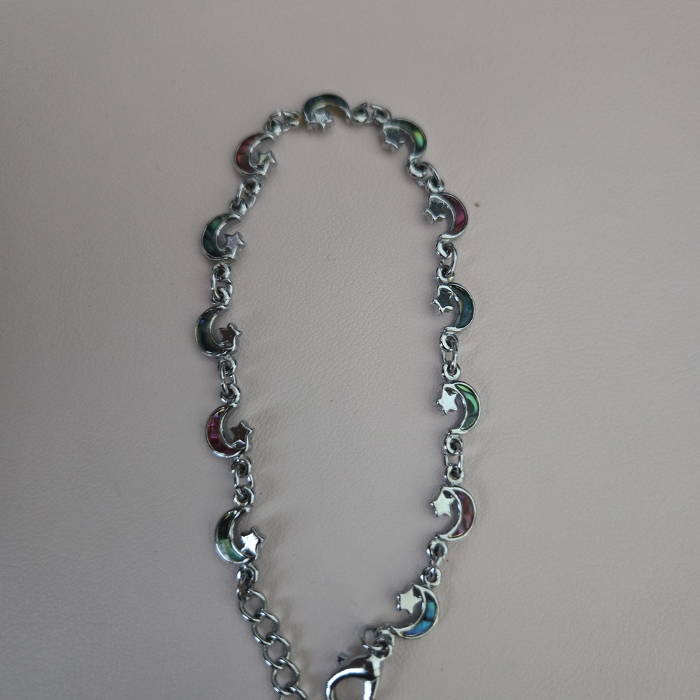 Silver Moon and Star Pakistan Chain Bracelet with Multicolor Inlay